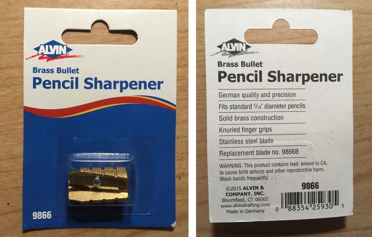 Alvin Brass Bullet Pencil Sharpener Packaging Front and Back