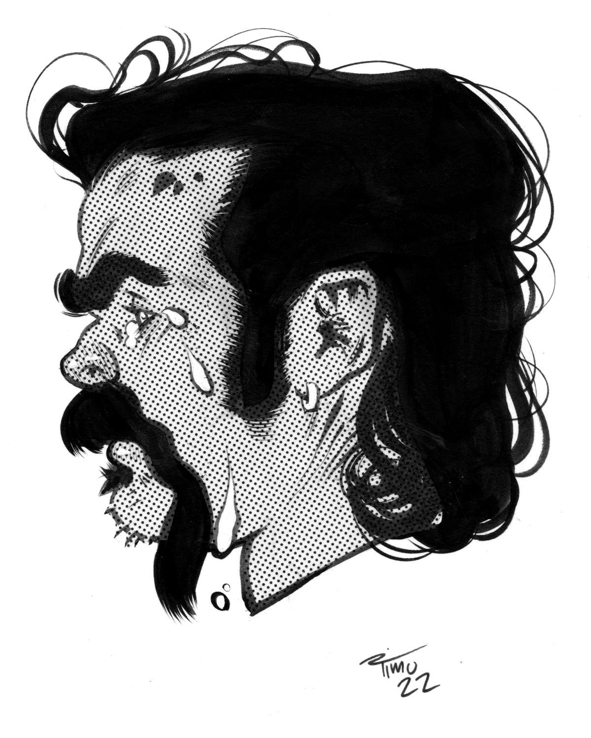 crying floating head with handle bar mustache illustration inked with pentel brush pen screentone