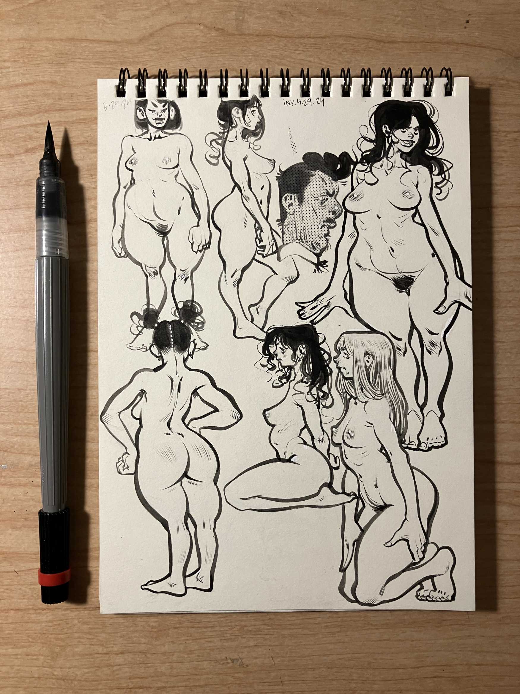 nude women and floating head sketches brushpen and ink